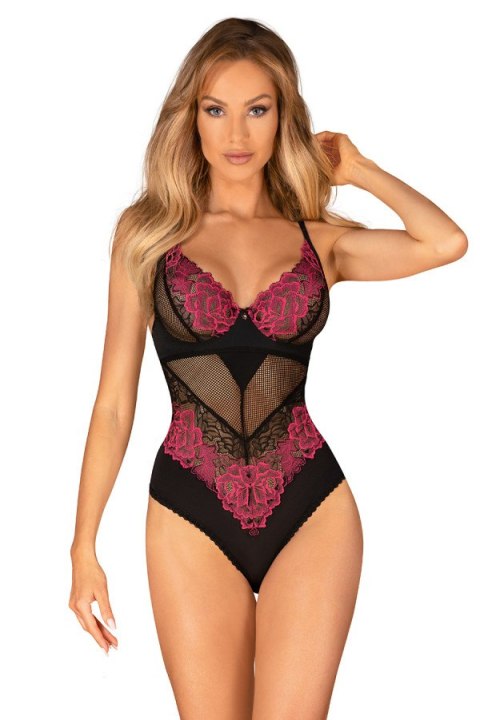 Body z różowym haftem Rosenty Obsessive czarno-różowy M/L